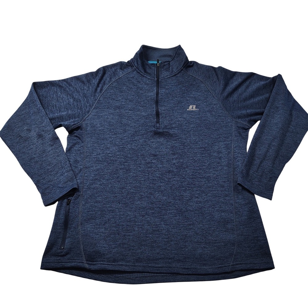 VTG Russell Athletic Mens L Navy Blue Heather Quarter Zip Grid Fleece Pullover‎